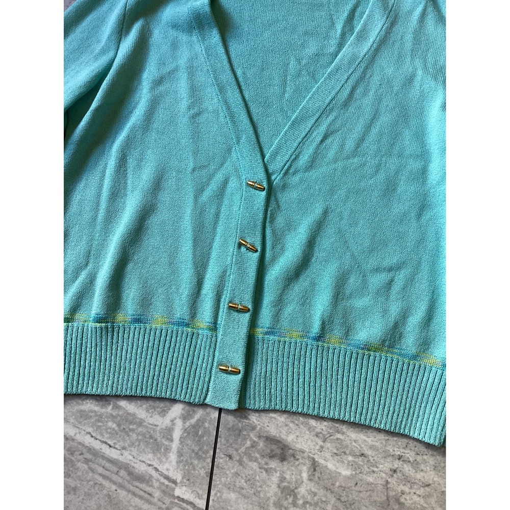 St John Sport Turquoise Wool Blend V-Neck Cardigan Gold Toggle Buttons Sweater - Picture 3 of 12